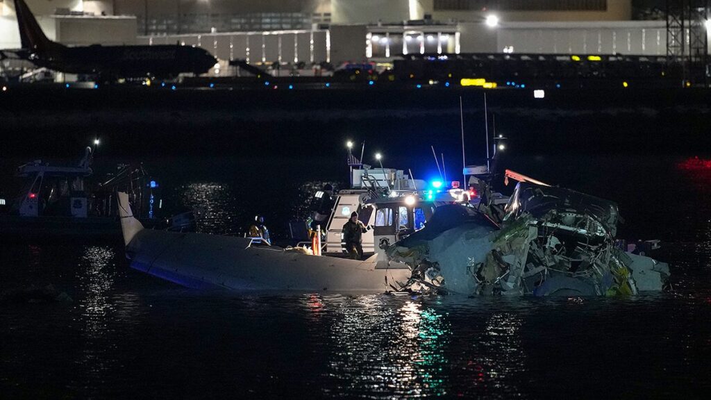 Wreckage of the American Airlines plane in Potomac River, rescue operations undergoing.